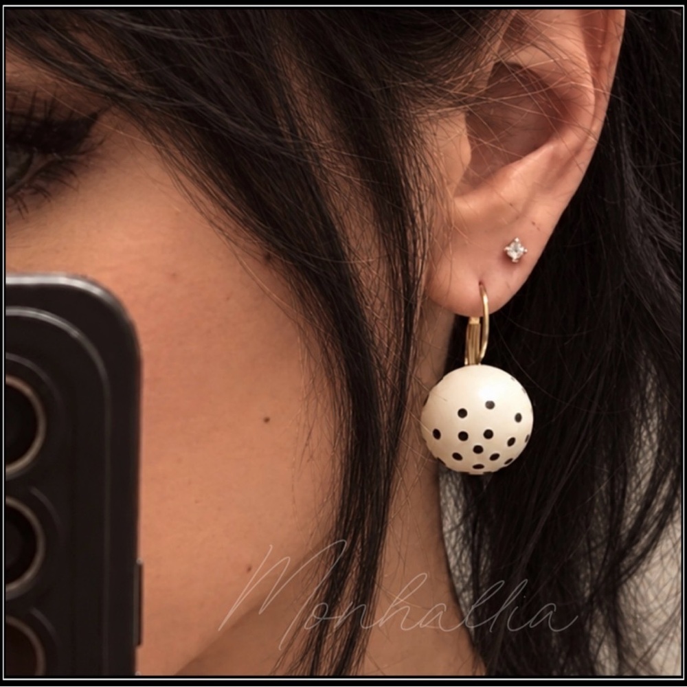 New Gold with White and Black Polka Dot Ball Drop Mod Boho Earrings